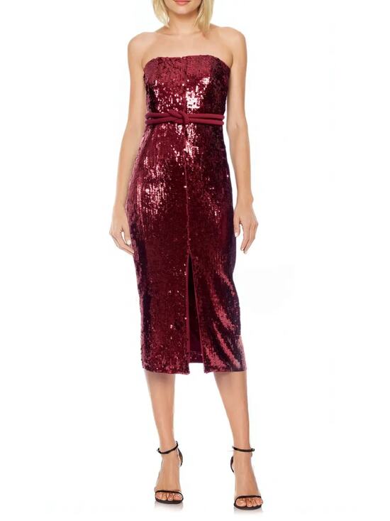 Badgley Mischka Dresses & Skirts - Badgley Mischka Red Cocktail Dress Sequined Strapless Belted Midi Sheath Size 16